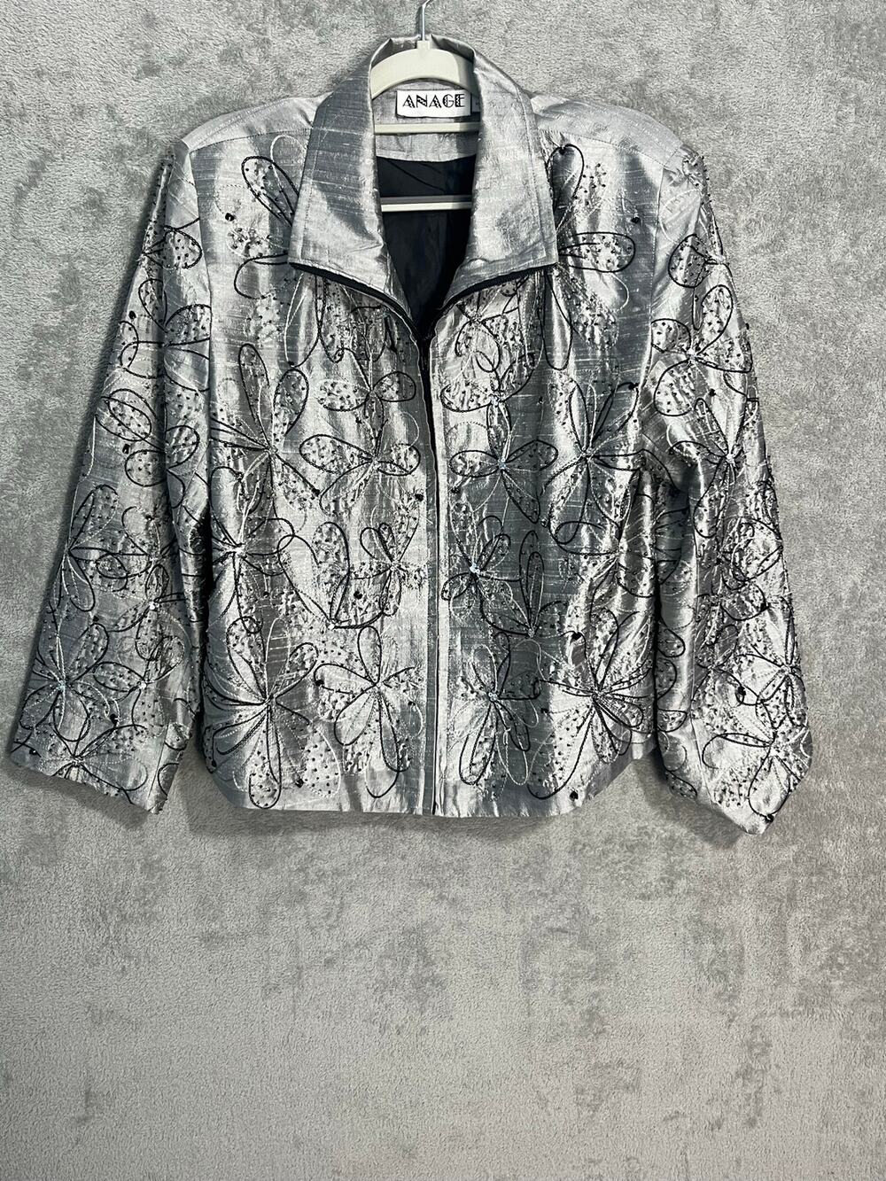 VTG Anage Silk Jacket Large Silver Floral Beaded Embroidered Glam Bling